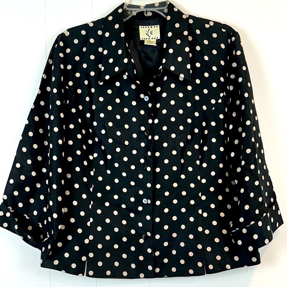 Vintage Tops - Vintage Ice 100% Silk Black and White Polka Dot Lined Button Front Top Size 1X